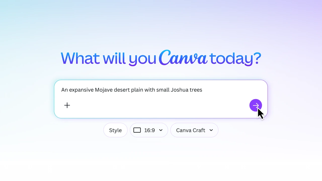 캔바 크래프트(Canva Craft) 출시 – 디자인을 먼저 짜고 그리는 AI 이미지 모델, 사용법과 무료 범위 1 프롬프트 입력창 아래에서 캔바 크래프트 모델과 16:9 비율을 고른 화면