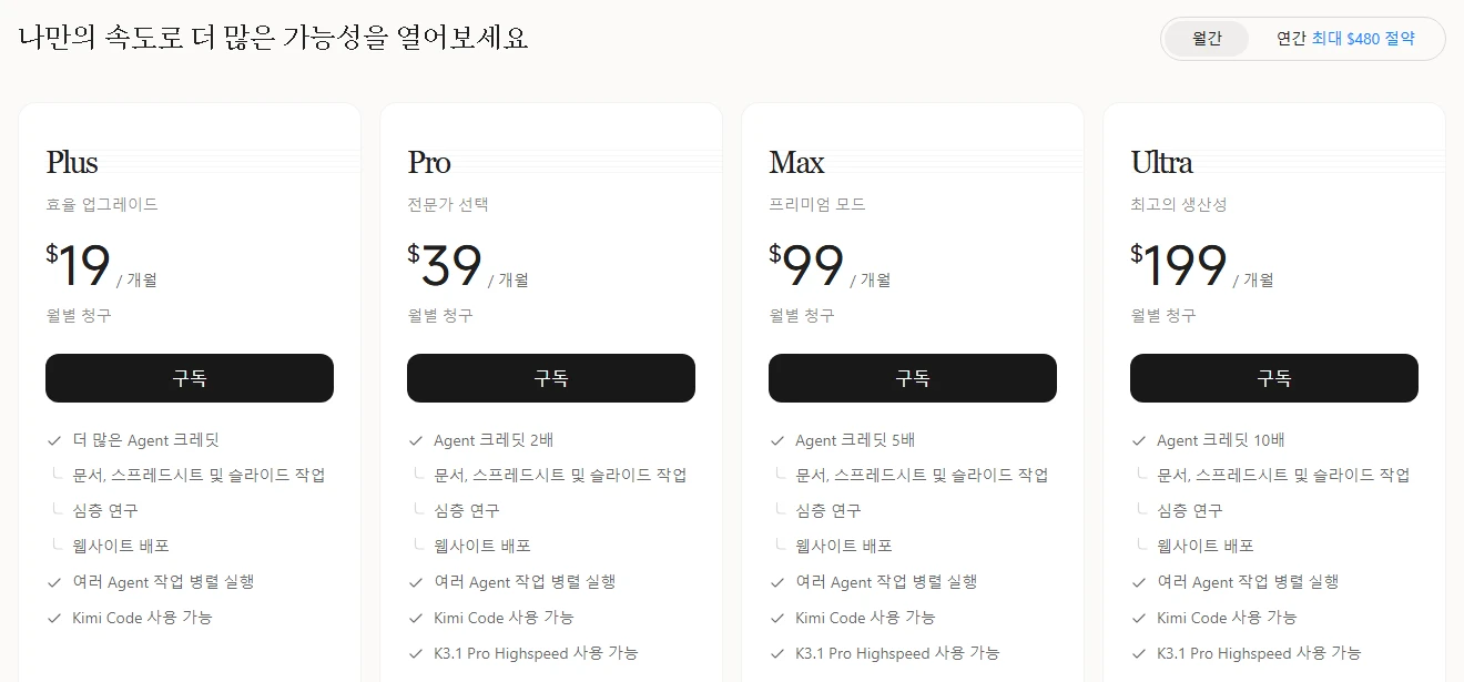 키미 K3.1 프로 출시 – 문샷AI 오픈 웨이트 AI 모델 성능, 무료 사용법, 요금제 총정리 5 키미 K3.1 요금제 월간 가격